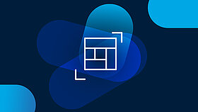 White icon square with arrows on dark blue background