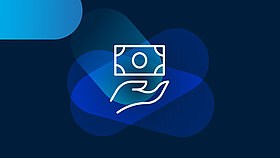 White icon of a hand with a banknote on a dark blue background