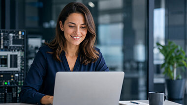A woman sits in front of a laptop