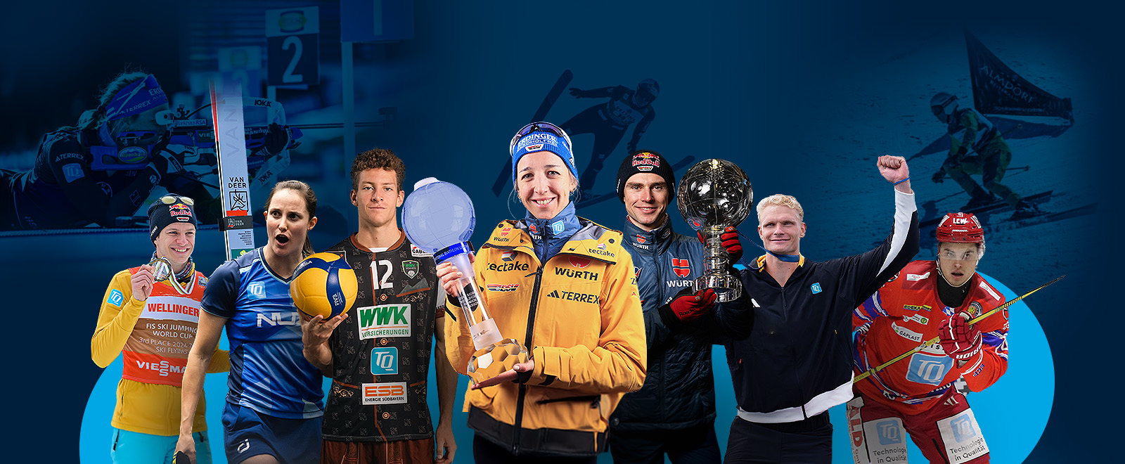 Sieben verschiedene Sportler mit Franziska Preuß in der Mitte